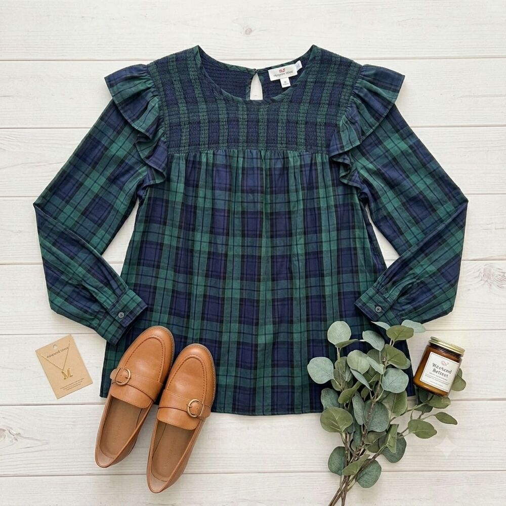 Vineyard Vines Plaid Smocked Blouse Ruffle Long Sleeve Large Dark Academia